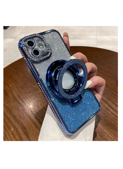 iPhone 12 Gradient Glitter Diamond Plated Holder Magsafe Phone Case(Blue)
