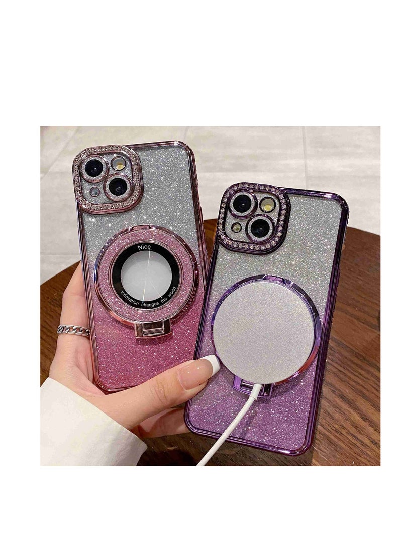 Generic - iPhone 12 Gradient Glitter Diamond Plated Holder Magsafe Phone Case(Blue) - Image 1