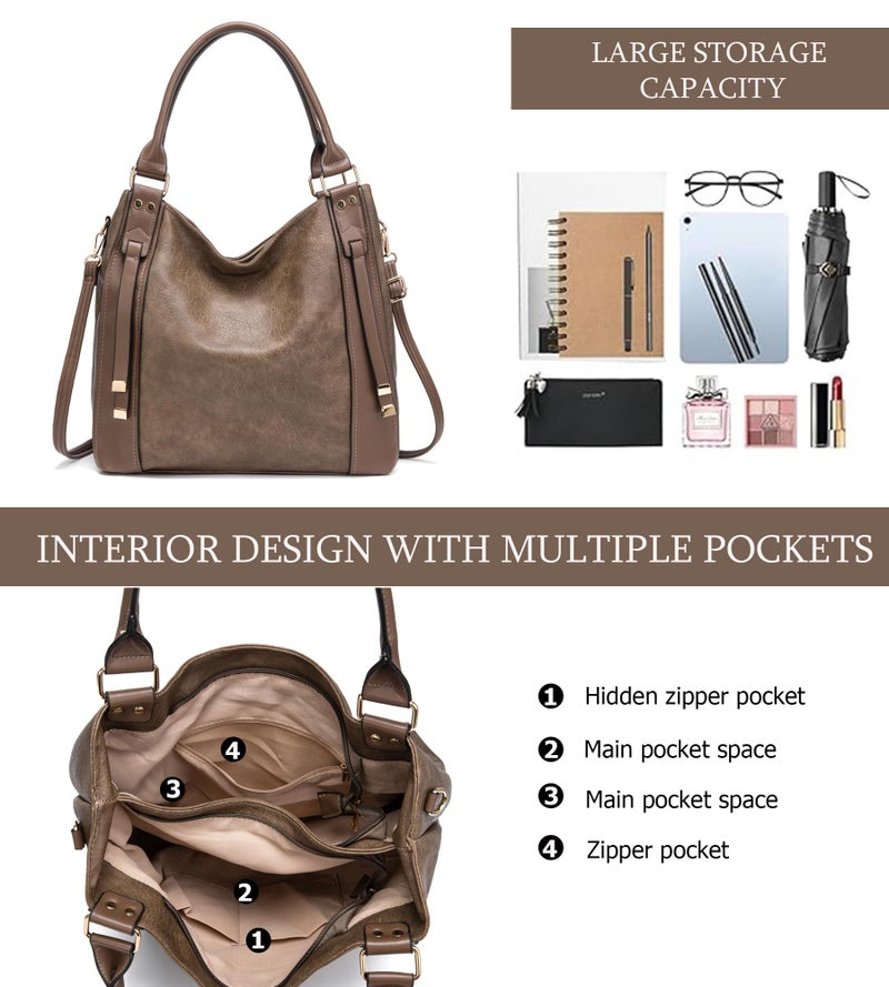 My Friday myfriday Soft Faux Leather Tote Bag for Women Large Ladies Hobo Bags Slouchy Shoulder Purse and Handbag with Adjustable Strap (Khaki) - Image 5