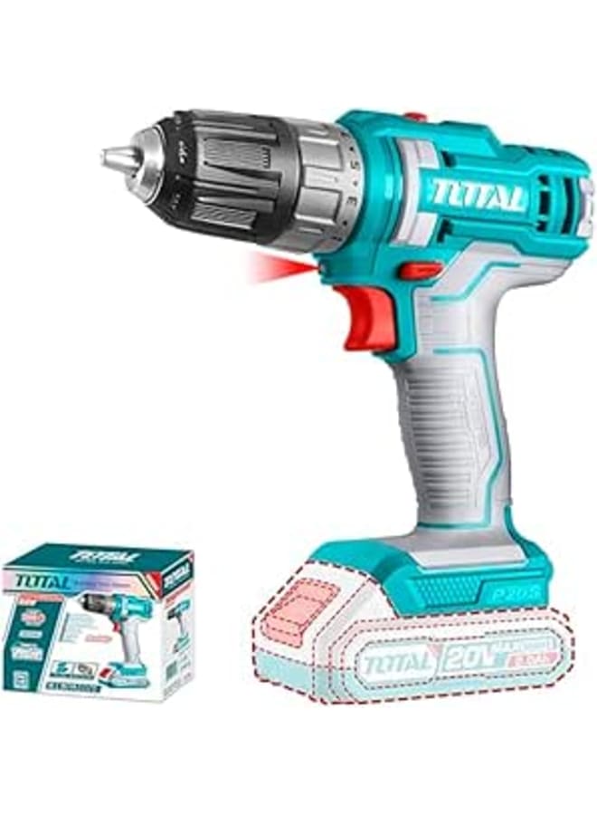 TOTAL Lithium-Ion cordless drill,Voltage:20V No-load speed: 0-400/0-1500rpm Max torque: 45Nm -TDLI200515