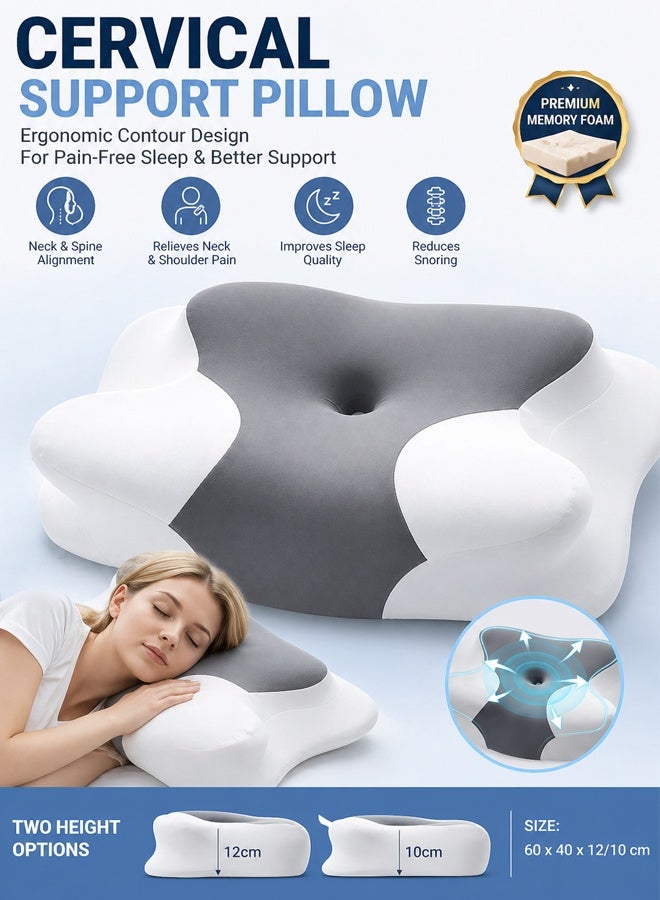 Cervical Pillow, Ergonomic Memory Foam Neck Pillow, Multifunctional for Sleeping, Side or Back Sleeping, 63 x 40 cm, Grey White, Hypoallergenic - Image 1