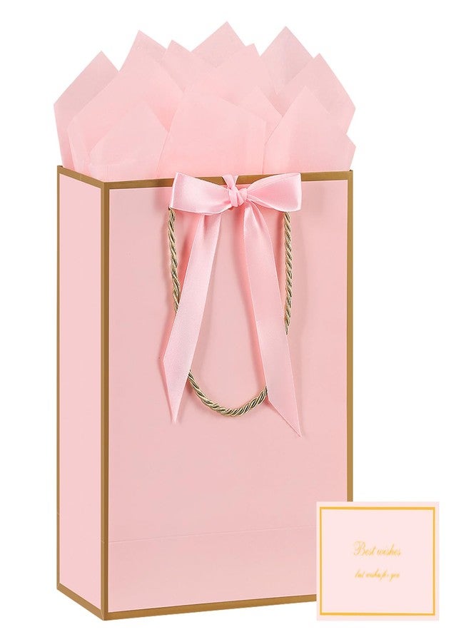 YoungTree Medium Mothers Day Gift Bag with Ribbon and Greeting Card 2 Tissue Papers,Mothers Day Bag,Paper Birthday Gift Bag with Handles,Present Bags for Mother's Day Wedding Party Supplies(Pink-Gold) - Image 1