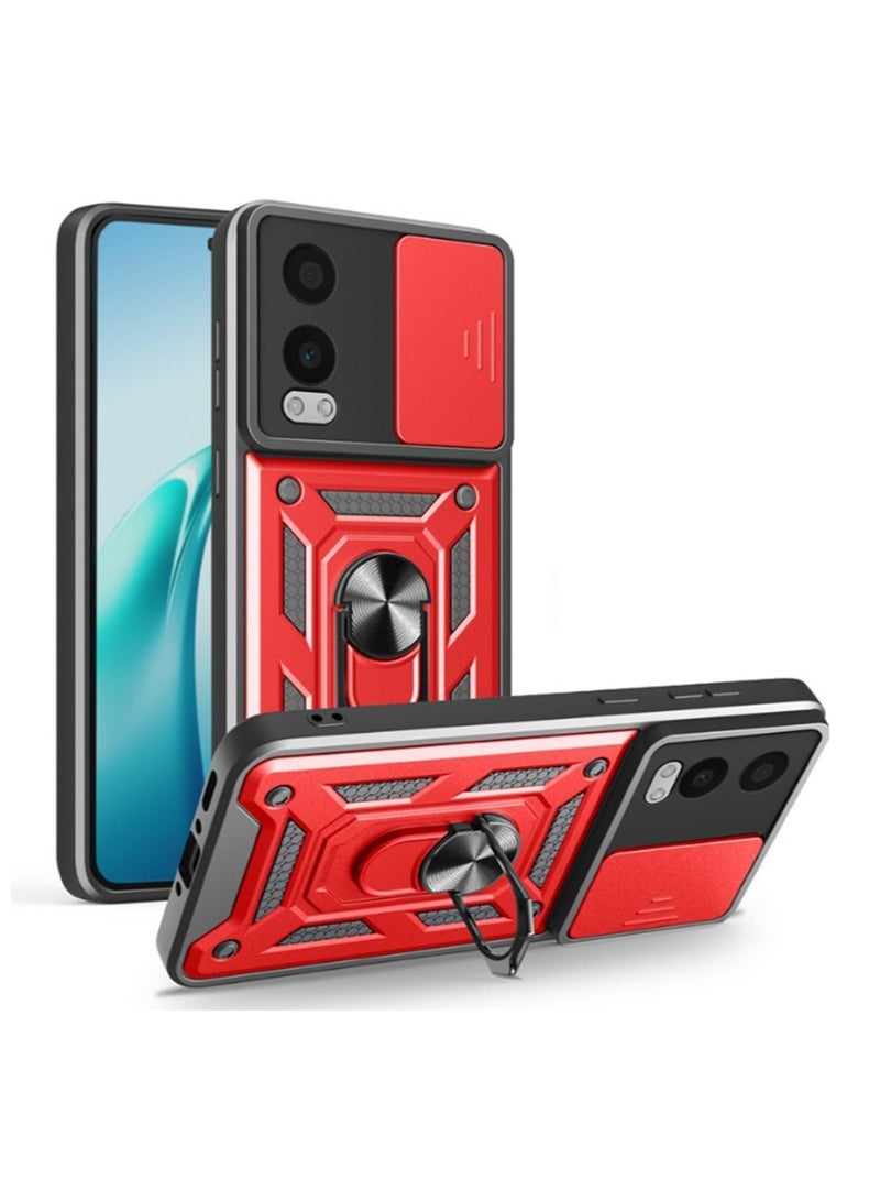 for OnePlus Nord CE4 Lite 5G Case Cover, Slide Camera Lens Cover, Magnetic Ring Holder Kickstand Protective Phone Case for OnePlus Nord CE4 Lite 5G, Red