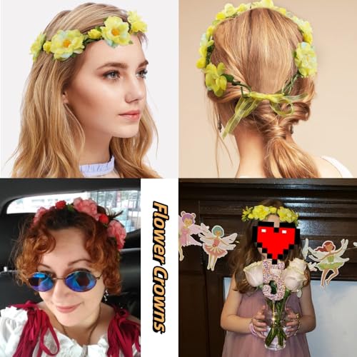 CellElection 6Pcs Adjustable Boho Flower Crowns with Elastic Ribbon Floral Headbands Garland Bridal Bridesmaid Women Girls Teens Kids Headpiece for Hawaiian Party Wedding Beach Festival - Image 2
