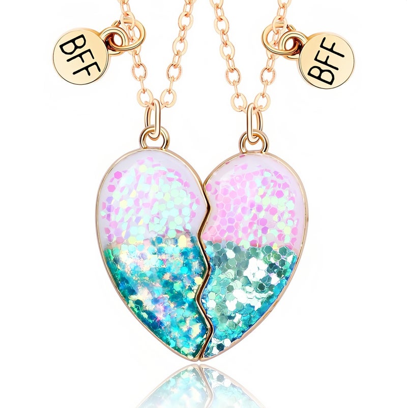 DOYYCA Best Friend Necklace Gifts Friendship Necklace Matching Heart BFF Necklaces for 2 (Sequin Blue) - Image 1