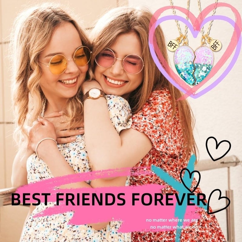 DOYYCA Best Friend Necklace Gifts Friendship Necklace Matching Heart BFF Necklaces for 2 (Sequin Blue) - Image 2