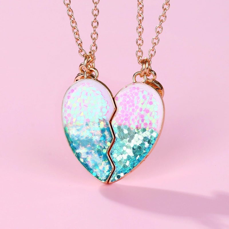 DOYYCA Best Friend Necklace Gifts Friendship Necklace Matching Heart BFF Necklaces for 2 (Sequin Blue) - Image 4