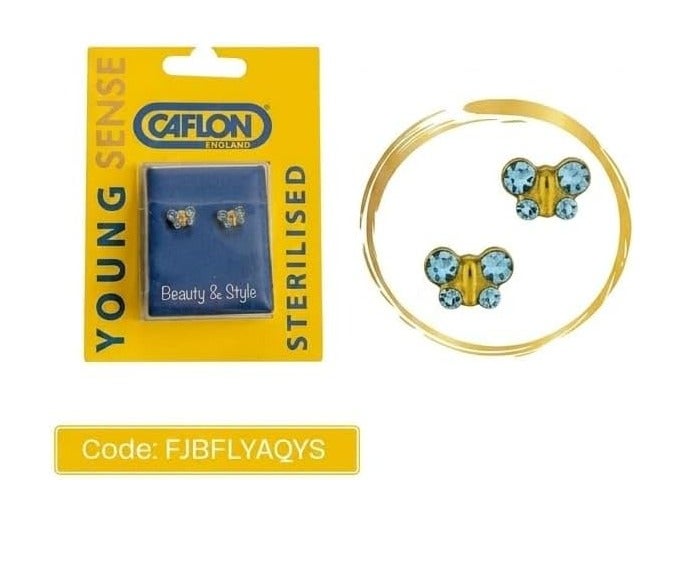 FASHION SMOOTH Caflon Blu Butterfly Aquamarine Stud Earrings – Sterilized Hypoallergenic Piercing Earrings for Kids & Sensitive Ears, Gold Plated with Blue Crystals