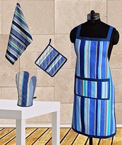 Dekor World Cotton Printed Blue Stripe Free Size Kitchen Apron Set (Pack of 4 Pcs) Apron, Gloves, Pot Holder, Kitchen Towel for Unisex - Image 1