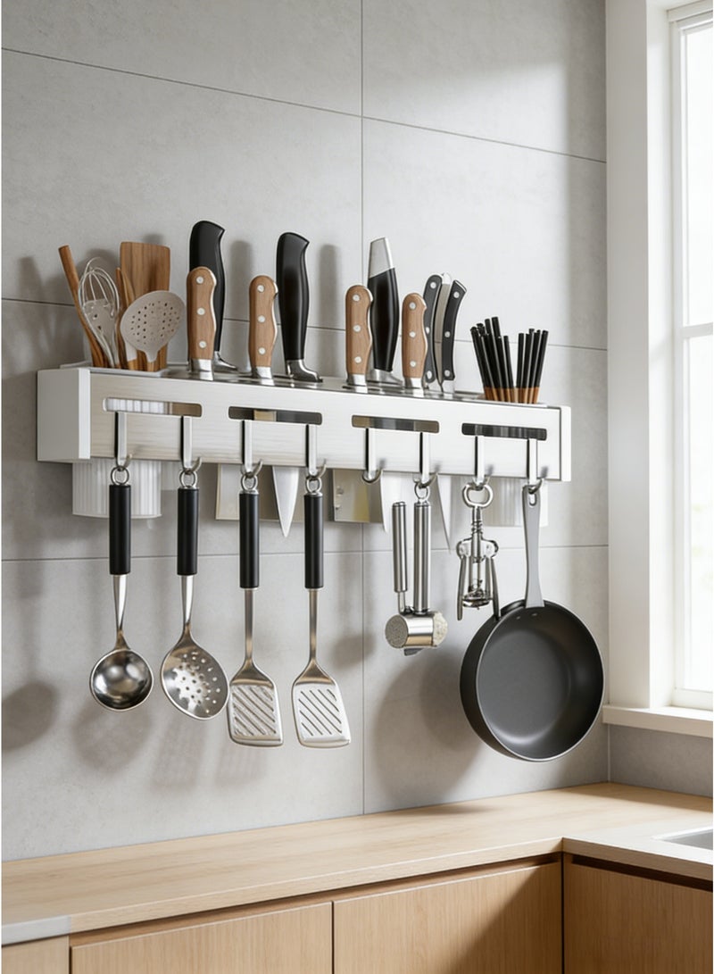 Hihonor Kitchen Wall Mount Utensil Rack Utensil Wall Organizer for Spoons, Knives, Forks, Chopsticks, Cookware Cutlery Holder (Silver) - Image 1