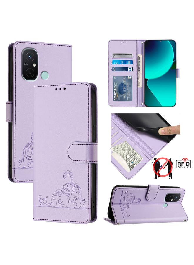 The Bros Case For Xiaomi Redmi 11A Cat Rat Embossed Pattern RFID PU Phone Case with Wrist Strap