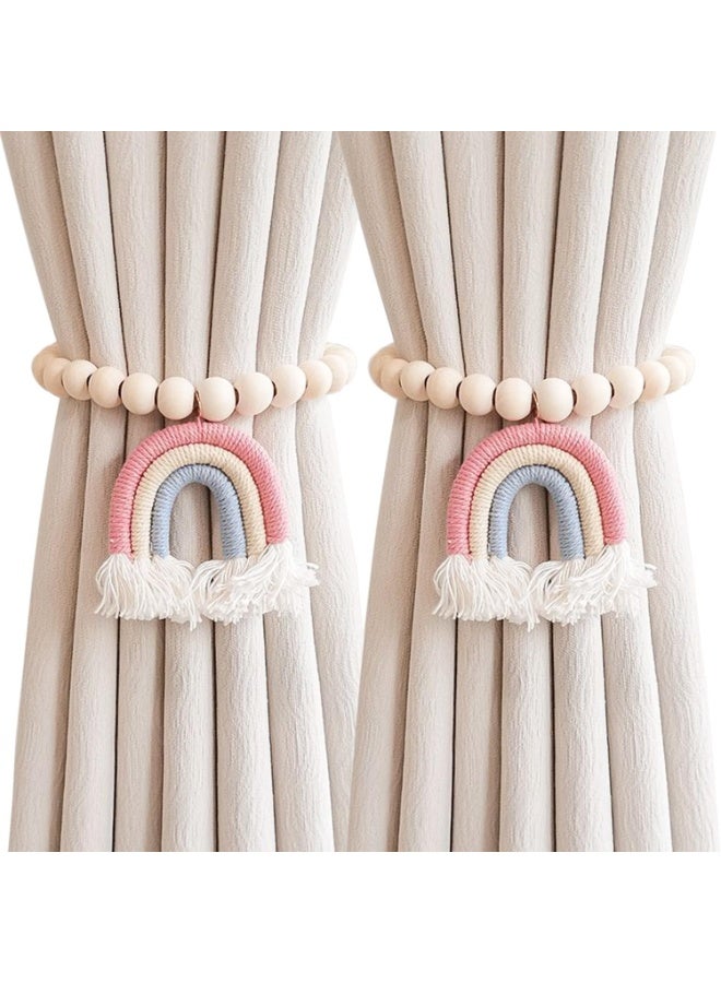 هومستر 2 قطعة أربطة ستائر مغناطيسية بخرز خشبي - شرابات قوس قزح بدون تركيب، ديكور Boho للداخل والخارج - Image 1