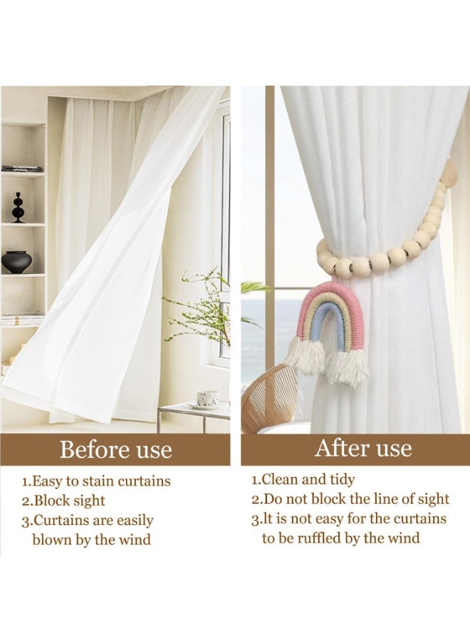 هومستر 2 قطعة أربطة ستائر مغناطيسية بخرز خشبي - شرابات قوس قزح بدون تركيب، ديكور Boho للداخل والخارج - Image 5