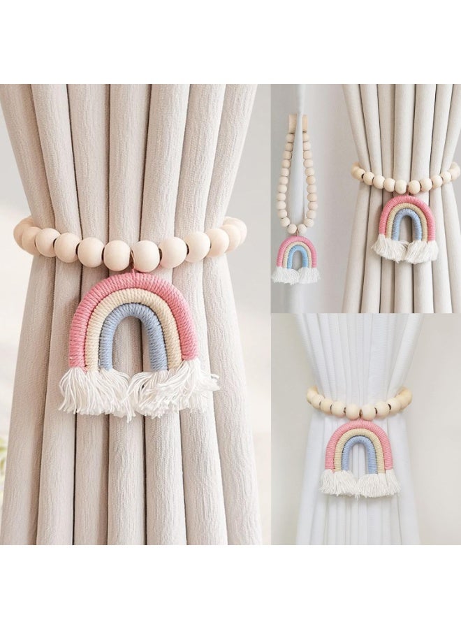 هومستر 2 قطعة أربطة ستائر مغناطيسية بخرز خشبي - شرابات قوس قزح بدون تركيب، ديكور Boho للداخل والخارج - Image 4