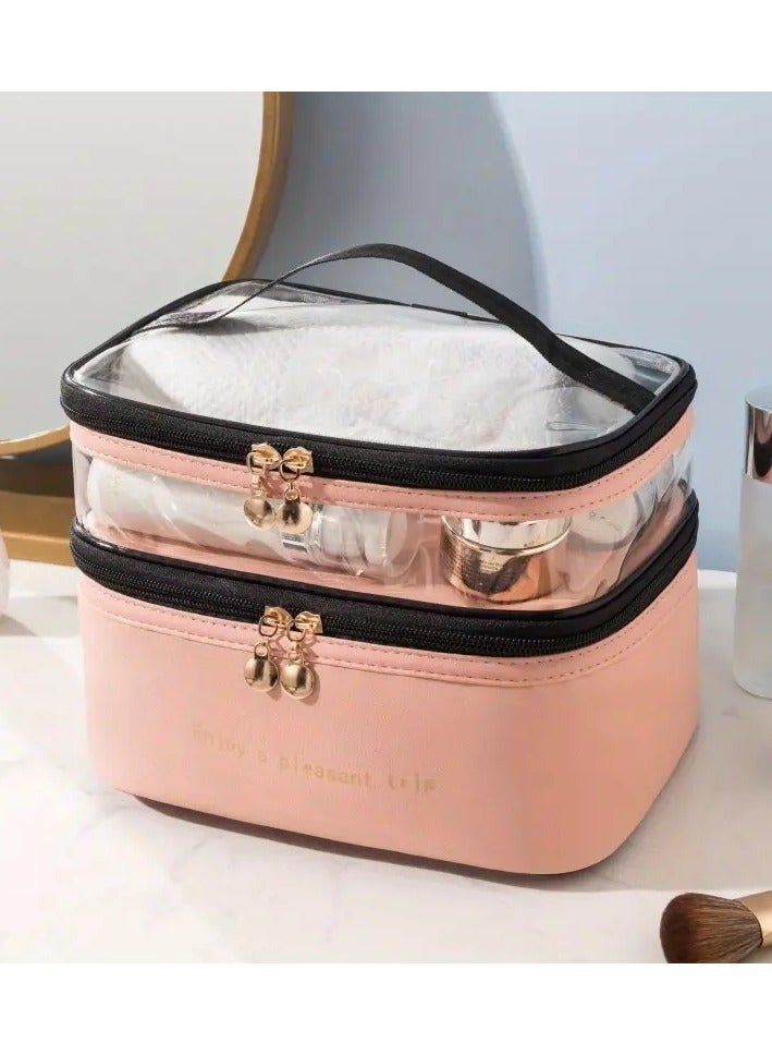 أوريتي حقيبة مكياج مزدوجة اللون الصلب بو حقيبة غسيل شفافة محمولة في عصرية مقاومة للماء السفر حقيبة تخزين كبيرة السعة - Image 1