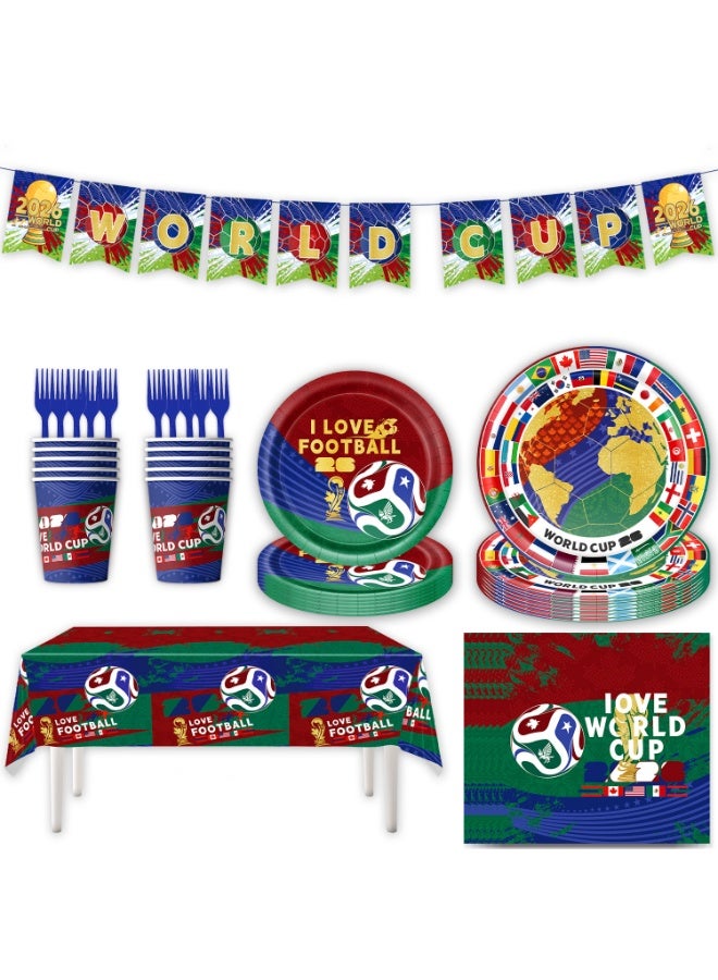 HOMESTAR 151PCS World Cup Football Theme Party Supplies Set - Includes Backdrop Banner, Bunting, Hanging Spiral Balloons, Napkins Paper, Cups, Tablecloth. Knife Fork Spoon Straws, Fan Supplies Cheering Support Props, Decoration Supplies For World Cup Festival Event International Festival - Image 2