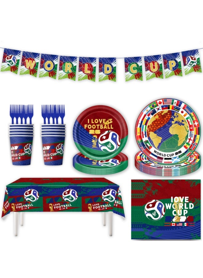 HOMESTAR 151PCS World Cup Football Theme Party Supplies Set - Includes Backdrop Banner, Bunting, Hanging Spiral Balloons, Napkins Paper, Cups, Tablecloth. Knife Fork Spoon Straws, Fan Supplies Cheering Support Props, Decoration Supplies For World Cup Festival Event International Festival - Image 3