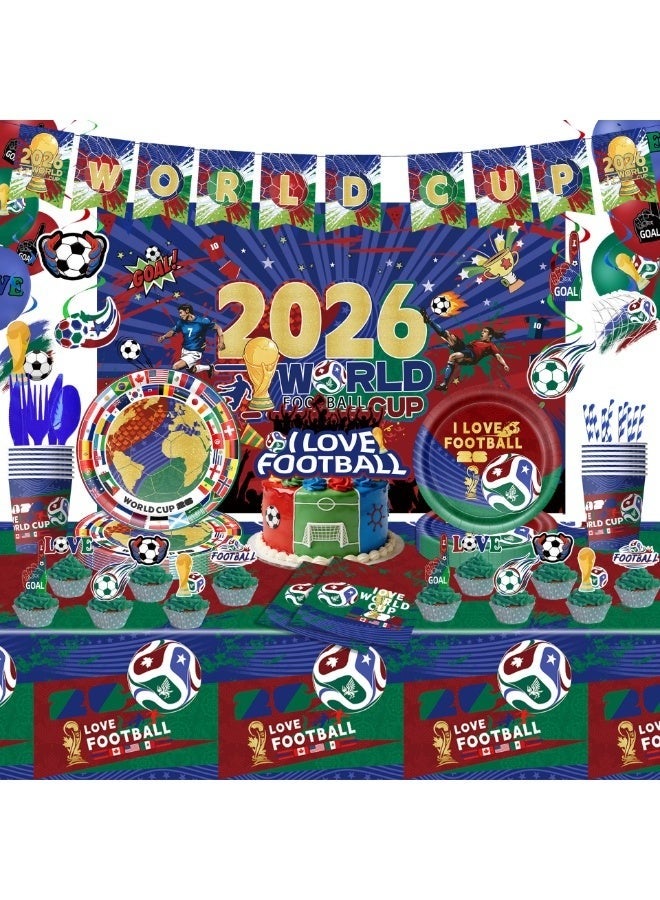 HOMESTAR 151PCS World Cup Football Theme Party Supplies Set - Includes Backdrop Banner, Bunting, Hanging Spiral Balloons, Napkins Paper, Cups, Tablecloth. Knife Fork Spoon Straws, Fan Supplies Cheering Support Props, Decoration Supplies For World Cup Festival Event International Festival - Image 1