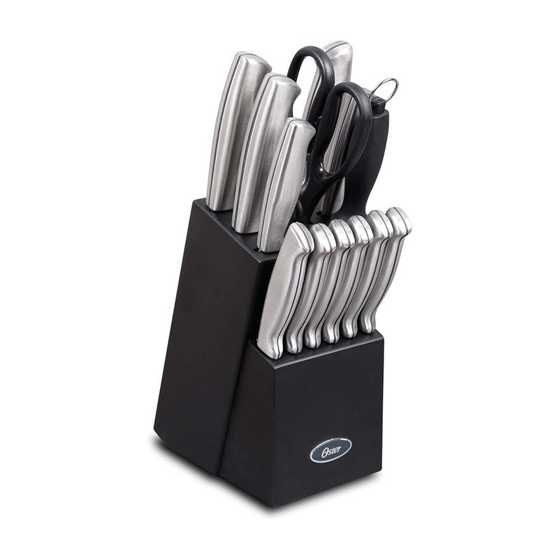 Oster Baldwyn 14 Piece Stainless Steel Cutting Kitchen Knife Cutlery Set with Swivel Block Holder and Knife Sharpener Brushed Satin
