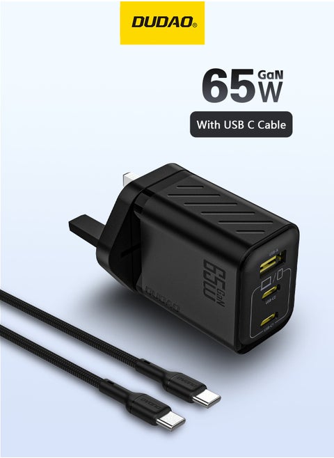 65W GaN 3-Port Super Fast Charger Set, Compact Laptop Charger Type C Wall Charger, USB + 2*Type-C Power Adapter whit 240W Type-C Cable, 9-Layer Safety Protection, Smart Temperature Control, Compatible with All Phone Models, Tablets, Laptops, Watches