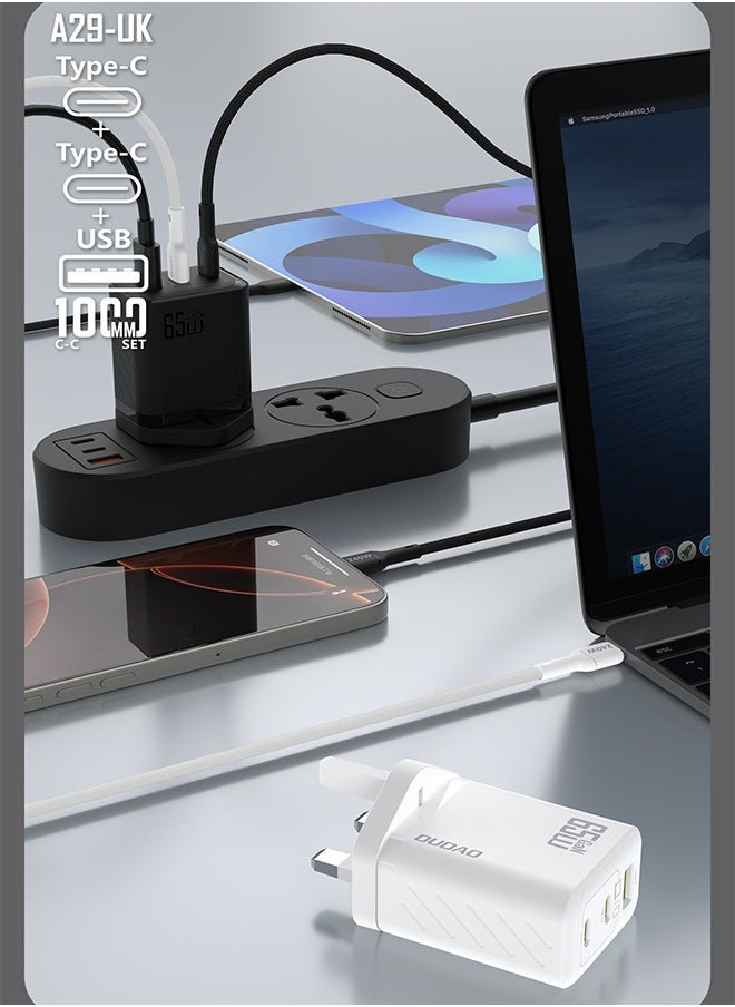 65W GaN 3-Port Super Fast Charger Set, Compact Laptop Charger Type C Wall Charger, USB + 2*Type-C Power Adapter whit 240W Type-C Cable, 9-Layer Safety Protection, Smart Temperature Control, Compatible with All Phone Models, Tablets, Laptops, Watches