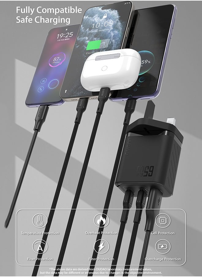65W GaN 3-Port Super Fast Charger Set, Compact Laptop Charger Type C Wall Charger, USB + 2*Type-C Power Adapter whit 240W Type-C Cable, 9-Layer Safety Protection, Smart Temperature Control, Compatible with All Phone Models, Tablets, Laptops, Watches