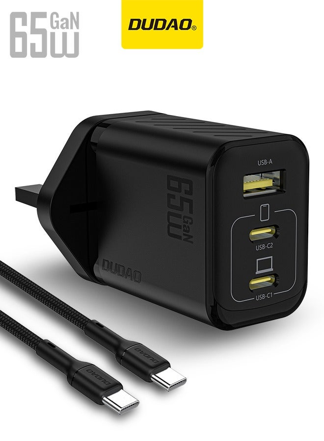 DUDAO 65W GaN 3-Port Super Fast Charger Set, Compact Laptop Charger Type C Wall Charger, USB + 2*Type-C Power Adapter whit 240W Type-C Cable, 9-Layer Safety Protection, Smart Temperature Control, Compatible with All Phone Models, Tablets, Laptops, Watches - Image 1