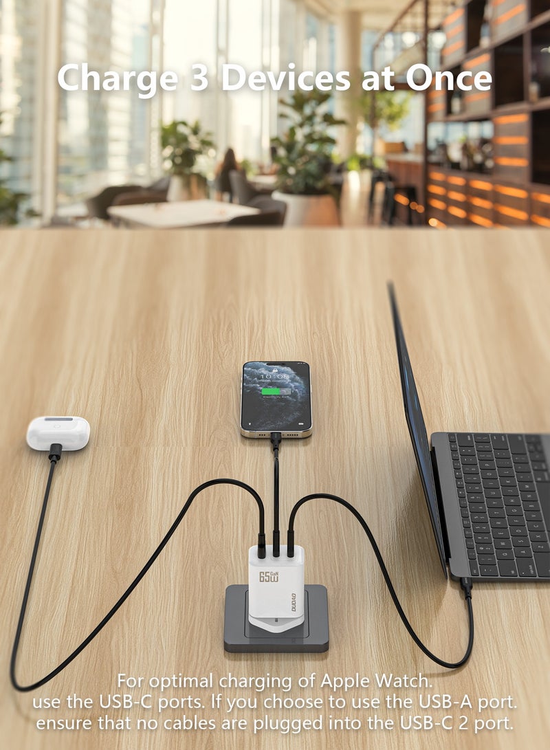 DUDAO 65W GaN 3-Port Super Fast Charger Set, Compact Laptop Charger Type C Wall Charger, USB + 2*Type-C Power Adapter whit 240W Type-C Cable, 9-Layer Safety Protection, Smart Temperature Control, Compatible with All Phone Models, Tablets, Laptops, Watches - Image 2