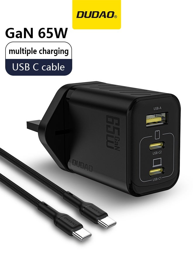 65W GaN 3-Port Super Fast Charger Set, Compact Laptop Charger Type C Wall Charger, USB + 2*Type-C Power Adapter whit 240W Type-C Cable, 9-Layer Safety Protection, Smart Temperature Control, Compatible with All Phone Models, Tablets, Laptops, Watches