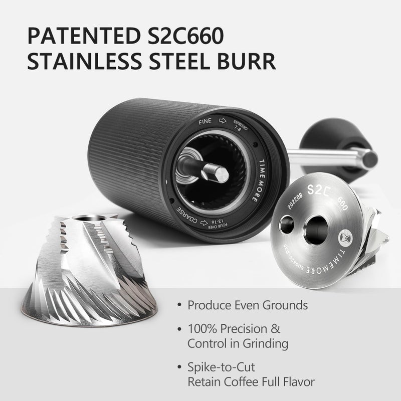 TIMEMORE Manual Coffee Grinder Chestnut C3S Max Capacity 30g with CNC Stainless Steel Conical Burr, Internal Adjustable Setting, Double Bearing Positioning for Home/Travel/Camping - Black - Image 3