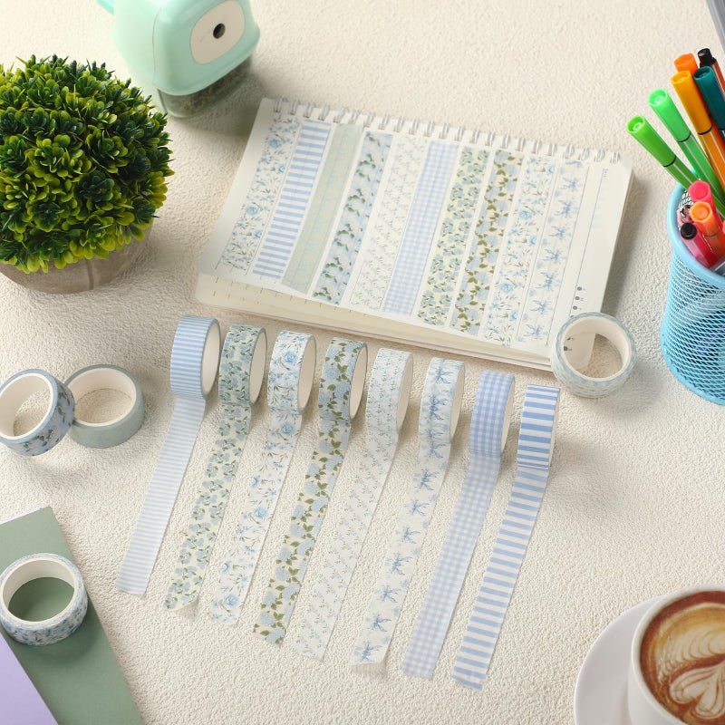 YooNotee 12 Rolls Watercolor Floral Washi Tape Set 15 mm Vintage Flower Decorative Masking Tape for Spring Arts DIY Craft Scrapbook Journal Supplies Gift Wrapping(Dusty Blue,Rose and Hydrangea) - Image 3