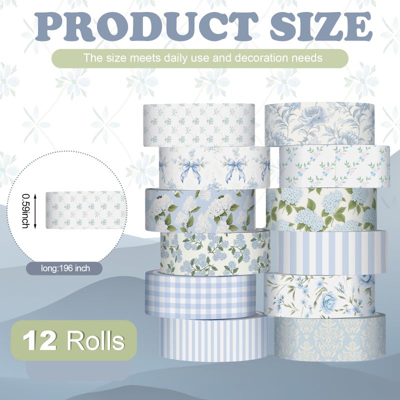 YooNotee 12 Rolls Watercolor Floral Washi Tape Set 15 mm Vintage Flower Decorative Masking Tape for Spring Arts DIY Craft Scrapbook Journal Supplies Gift Wrapping(Dusty Blue,Rose and Hydrangea) - Image 2