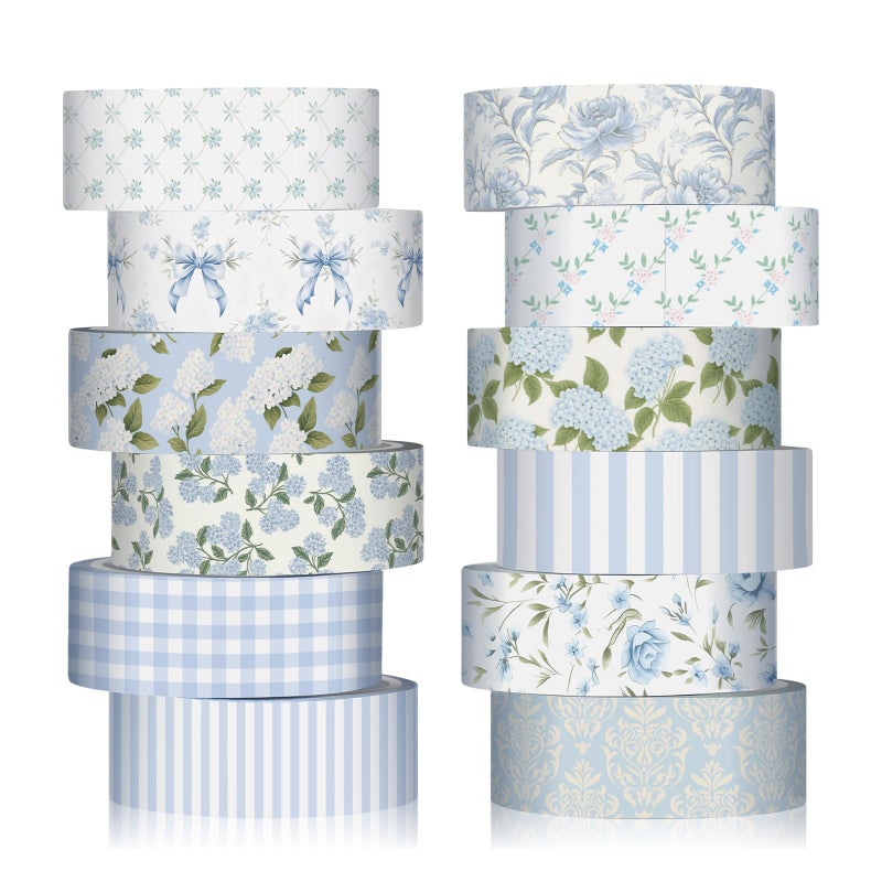YooNotee 12 Rolls Watercolor Floral Washi Tape Set 15 mm Vintage Flower Decorative Masking Tape for Spring Arts DIY Craft Scrapbook Journal Supplies Gift Wrapping(Dusty Blue,Rose and Hydrangea) - Image 1