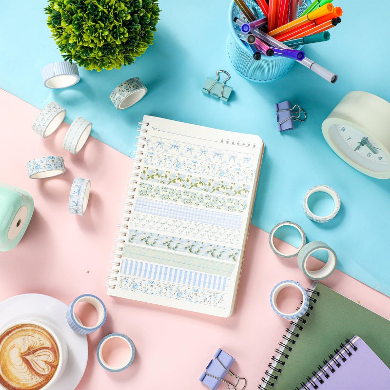 YooNotee 12 Rolls Watercolor Floral Washi Tape Set 15 mm Vintage Flower Decorative Masking Tape for Spring Arts DIY Craft Scrapbook Journal Supplies Gift Wrapping(Dusty Blue,Rose and Hydrangea) - Image 5