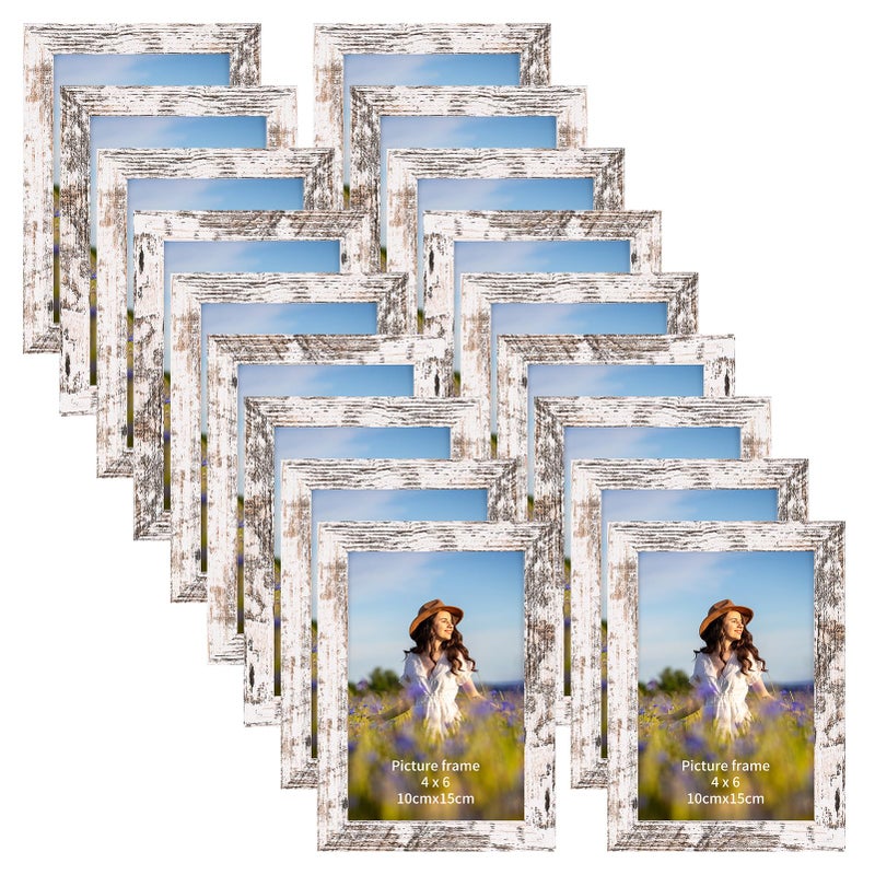 PETAFLOP Wooden Bulk 4x6 Picture Frame Set of 18 White Distressed Photo Frames Fits 4 by 6 for Wall or Tabletop Display