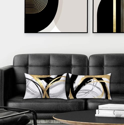 Supwhd Black White and Gold Pillow Covers Abstract Black and Gold Pillow Covers 12x20 Set of 2 Modern Boho Home Decor Black and Gold Decorative Throw Pillows Cover for Couch Living Room Bedroom - Image 3