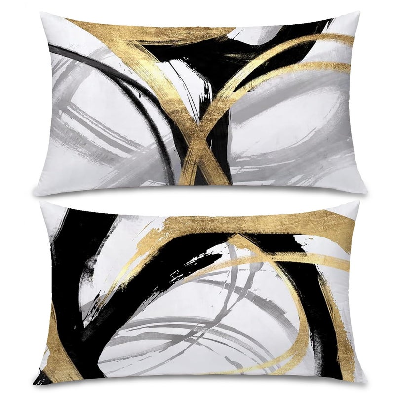 Supwhd Black White and Gold Pillow Covers Abstract Black and Gold Pillow Covers 12x20 Set of 2 Modern Boho Home Decor Black and Gold Decorative Throw Pillows Cover for Couch Living Room Bedroom - Image 2