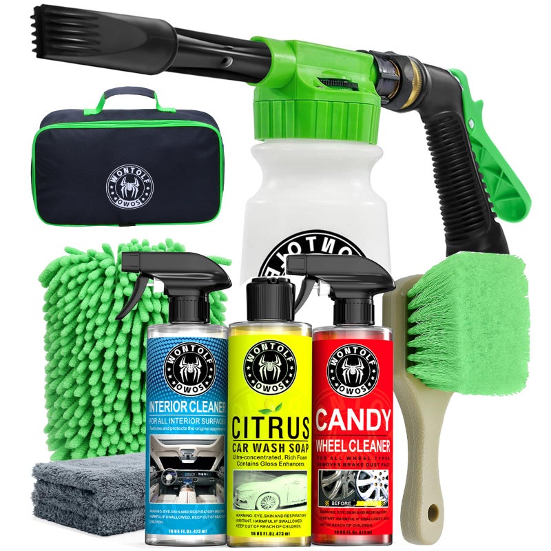 Wontolf CWK188 Car Wash Kit with Foam Gun, Car Wash Soap, Interior Detailer Cleaner, Wheel Cleaner, Car Care Cleaning Detailing Kit for Cars Trucks RVs SUVs Motorcycles (Works w/Garden Hose), 10 Items - Image 1