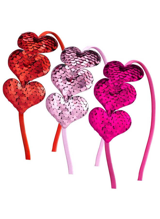 Chuangdi 3 Pcs Valentine's Day Glitter Heart Headband Heart Shaped Sequin Headband Elastic Love Heart Hair Band for Wedding (Pink, Rose Red, Red) - Image 1