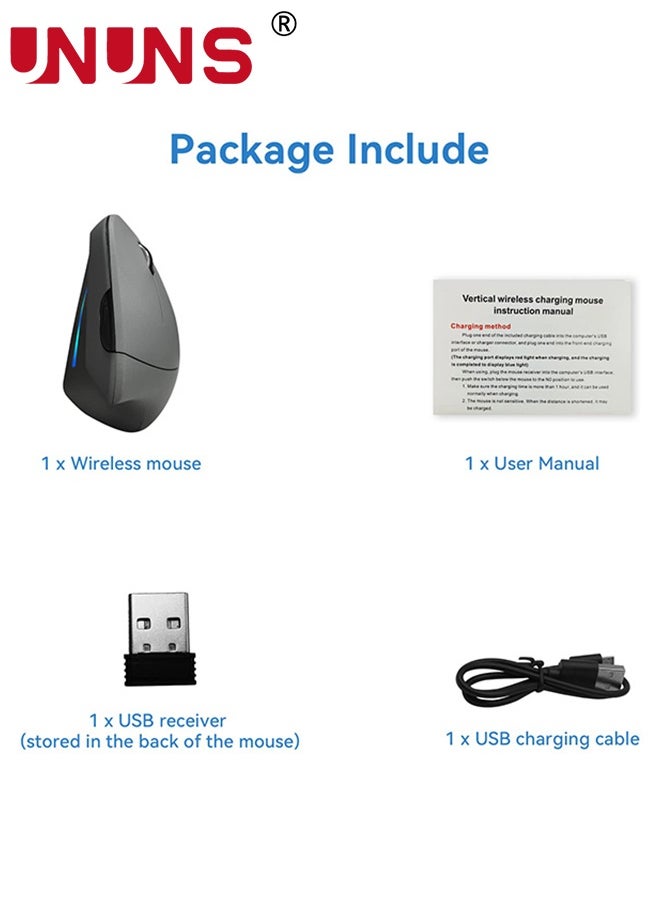 UNUNS - Wireless Mouse,Vertical Programmable Mouse,2.4G Wireless Bluetooth Mouse With Adjustable DPI,Colorful LED Optical Mice,Ergonomic Mice,Portable Gaming Mouse For Computer Laptop Desktop PC,Silver Grey - Image 1