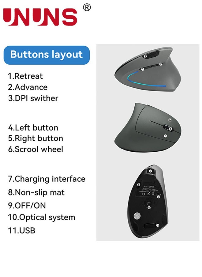 UNUNS - Wireless Mouse,Vertical Programmable Mouse,2.4G Wireless Bluetooth Mouse With Adjustable DPI,Colorful LED Optical Mice,Ergonomic Mice,Portable Gaming Mouse For Computer Laptop Desktop PC,Silver Grey - Image 1