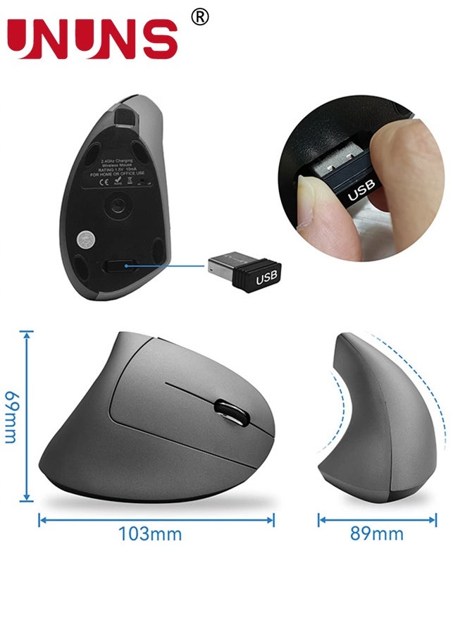 UNUNS - Wireless Mouse,Vertical Programmable Mouse,2.4G Wireless Bluetooth Mouse With Adjustable DPI,Colorful LED Optical Mice,Ergonomic Mice,Portable Gaming Mouse For Computer Laptop Desktop PC,Silver Grey - Image 1