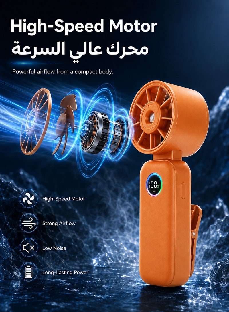 SUCITY Portable Mist Fan with Clip, 5-Speed Foldable Handheld Fan, 180° Rotating Head, LED Battery Display, USB Rechargeable Mini Desk Fan for Travel, Office, Camping, Stroller, Orange - Image 2