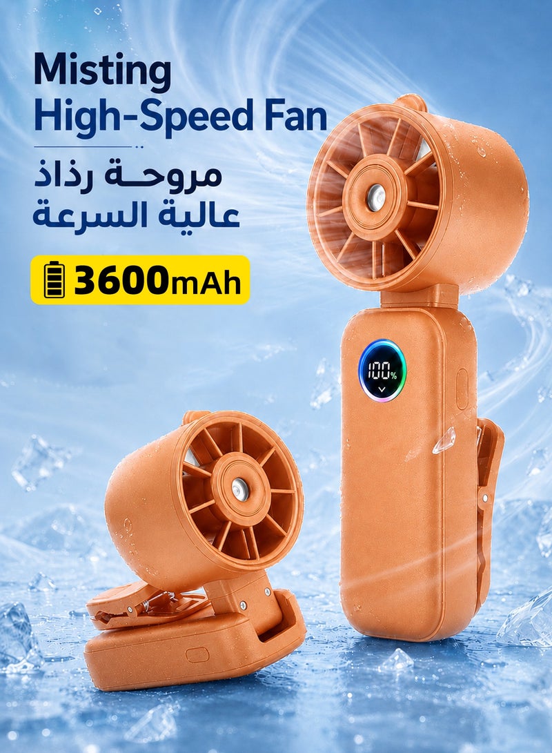 SUCITY Portable Mist Fan with Clip, 5-Speed Foldable Handheld Fan, 180° Rotating Head, LED Battery Display, USB Rechargeable Mini Desk Fan for Travel, Office, Camping, Stroller, Orange - Image 1