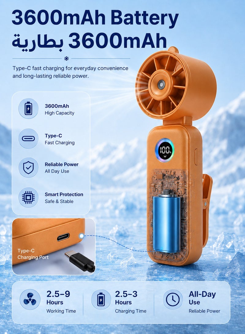 SUCITY Portable Mist Fan with Clip, 5-Speed Foldable Handheld Fan, 180° Rotating Head, LED Battery Display, USB Rechargeable Mini Desk Fan for Travel, Office, Camping, Stroller, Orange - Image 3