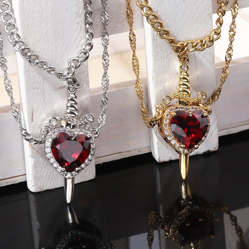 SORGERLY Sword Heart Matching Couple Necklaces - Bff Friendship Neckalce for 2 Best Friends - Valentine's Day Jewelry Gift for Women Men (Red Heart+Silver Sword) - Image 4