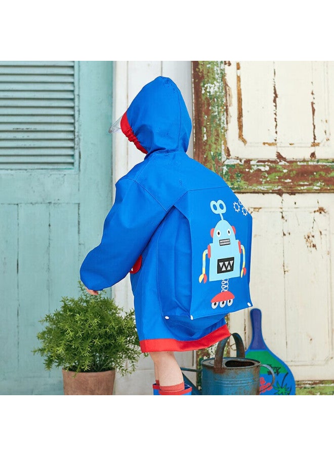 Lemonkid Children's Raincoat For Boys And Girls, Elementary School Students' Poncho With Backpack Space For School, Blue Robot Design, Size M - Image 5