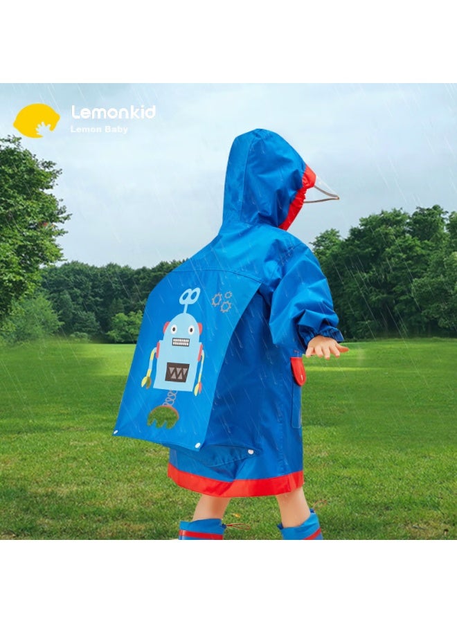 Lemonkid Children's Raincoat For Boys And Girls, Elementary School Students' Poncho With Backpack Space For School, Blue Robot Design, Size M - Image 1