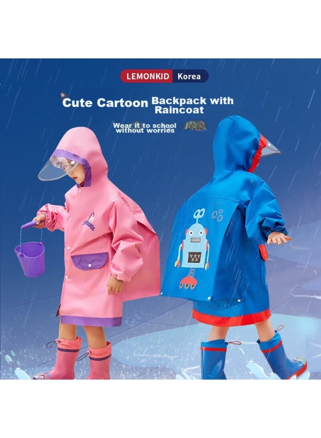 Lemonkid Children's Raincoat For Boys And Girls, Elementary School Students' Poncho With Backpack Space For School, Blue Robot Design, Size M - Image 2