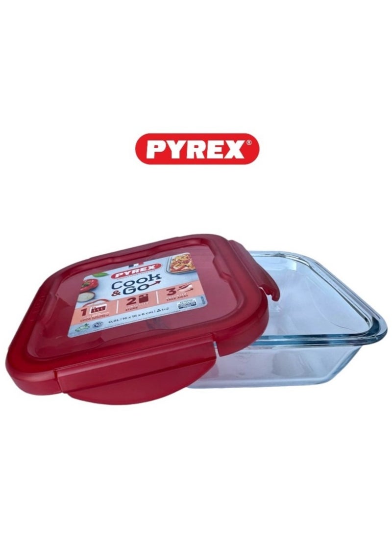 Pyrex Cook&Go 0.8L Square Storage Dish with Airtight Lid - Versatile Freezer-to-Oven Solution Red 0.8Liters - Image 3